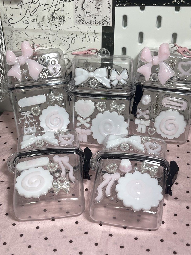 Clear pink coquette decorated storage box container (Category: Handmade Craft) located in Mariveles. Submitted by nahtmystyle (Listing ID 1468954908, Image 1). Description: These are handcrafted items, so please manage your expectations as some items may have minor imperfections💓 some organizers have minor cracks loc: bataan mop: gcash mod: jnt .