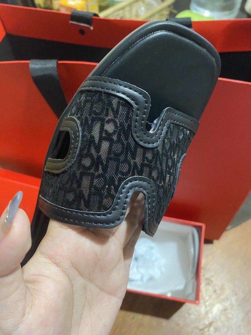 CLN Black Monogram Mesh Slide Sandals Size 38 (Category: Flats & Sandals) located in Manila. Submitted by ayamemaree (Listing ID 1468967128, Image 3). Description: - Brand: CLN - Style: Black slide sandals with square toe - Size: 38 - Material: Mesh strap with monogram pattern and leather trim - Condition: Brand new, unworn, and kept clean in storage - Inclusions: Original shoe box and paper bag included.
