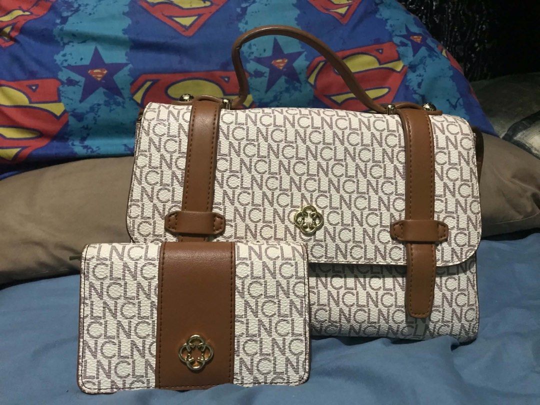 CLN Monogram Handbag with Matching Wallet Set (Category: Luxury Bags & Wallets) located in Bacoor. Submitted by rslynfe29 (Listing ID 1469071787, Image 1). Description: Chic CLN handbag and matching wallet set in white and brown monogram with brown faux leather accents. Features gold hardware, a floral clasp, top handle, and multiple compartments to keep you organized. Stylish, functional, and perfect for everyday use..