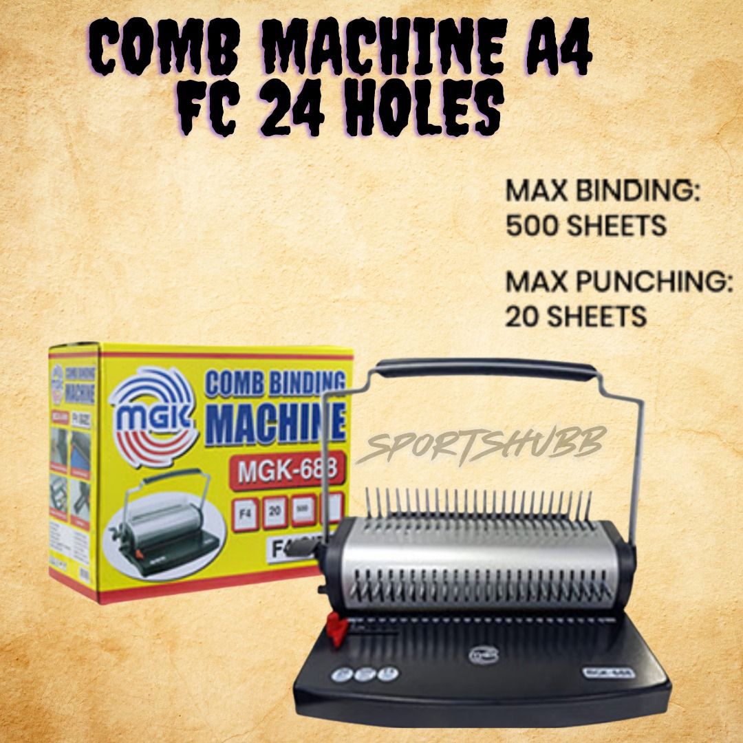 Comb Binding Machine (Category: Office & Business Technology) located in Quezon City. Submitted by mike10sitaldas (Listing ID 1469091087, Image 2). Description: Comb Binding Machine 13,000 Php - Comb Binding Machine 21 holes 19,600 Php - Comb Binding Machine FC 24 Holes We Serve Wholesale / Retail Shipping: Nationwide Shipping fee will be shouldered by the customers. *SPORTS AND MUSICAL EQUIPMENTS * GYM EQUIPMENTS *OFFICE EQUIPMENTS.