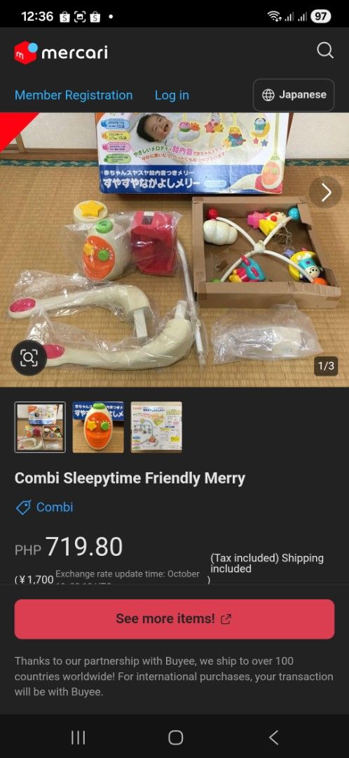 Combi Sleepytime Friendly Merry Baby Mobile (Category: Infant Playtime) located in Bacoor. Submitted by tataandkai (Listing ID 1469117158, Image 3). Description: - Authentic Combi musical baby mobile - Features soothing melodies, calming lullabies, and heartbeat sounds - Dual-use: can be attached to a baby crib or placed on the floor - Helps newborns fall asleep easily and stay calm - Includes original box, hanging toys, base, and arm parts - All