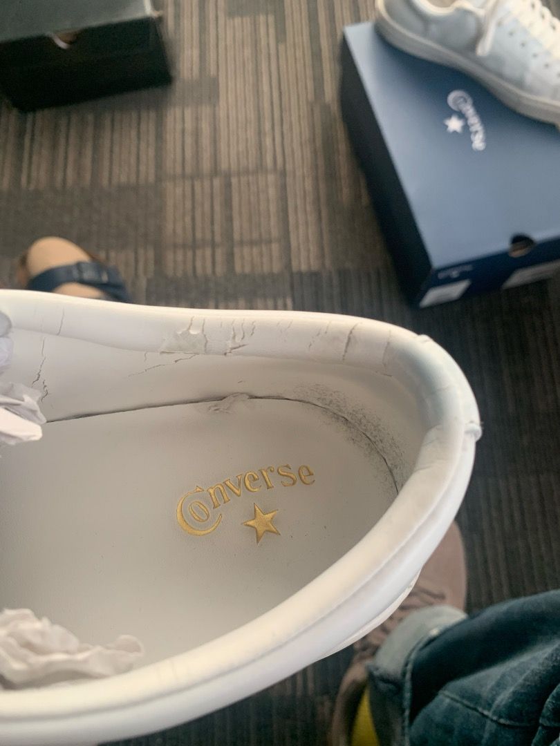Converse All Star White Sneakers (Category: Sneakers) located in Mabalacat. Submitted by papsi728 (Listing ID 1469113075, Image 3). Description: - Brand: Converse COUPE TRIOSTAR OX (japan release) - Color: White with star appliques - Details: Gold Converse branding stamped inside - Condition: Soles show minor dirt from wear; inner leather collar has some cracking - Packaging: Comes with original blue shoe box and tags -Brand Nike OVERBREAK SP (US