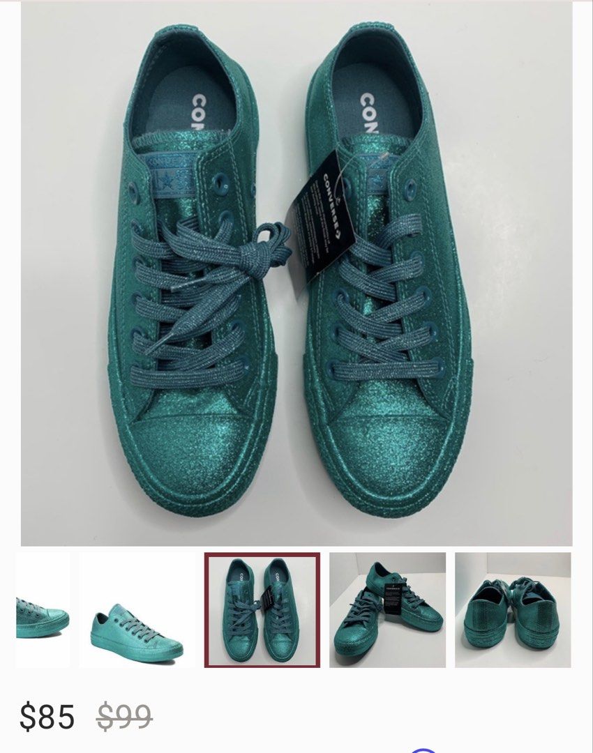 Converse Sparkle Glitter Teal Low-Top Sneakers (Category: Sneakers) located in Caloocan City. Submitted by meg_ssaem (Listing ID 1468947258, Image 1). Description: - Vibrant teal low-top Converse covered in glitter from toe to heel - Matching glitter laces and blue tongue label - Classic rubber toe cap and textured sole - Fun pop of color to brighten up any everyday outfit.