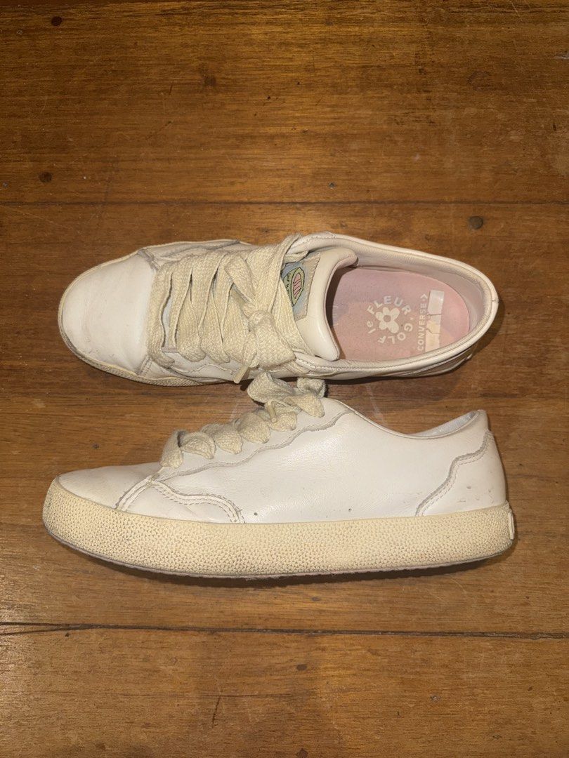 Converse x Golf le Fleur 2.0 Bundle (Category: Casual Shoes) located in Bacolod City. Submitted by childishnness (Listing ID 1469018347, Image 3). Description: Golf le Fleur 2.0 RFS: Decluttering! 4k for BOTH shoes! 3k for 1 Flexi - Brand: Converse x Golf le Fleur - Quantity: 2 pairs (Bundle deal) - Colorways: Brown Suede & Off-White Leather - Details: Thick cream-colored laces and floral branding on pink insoles - Condition: Great pickup to cop 