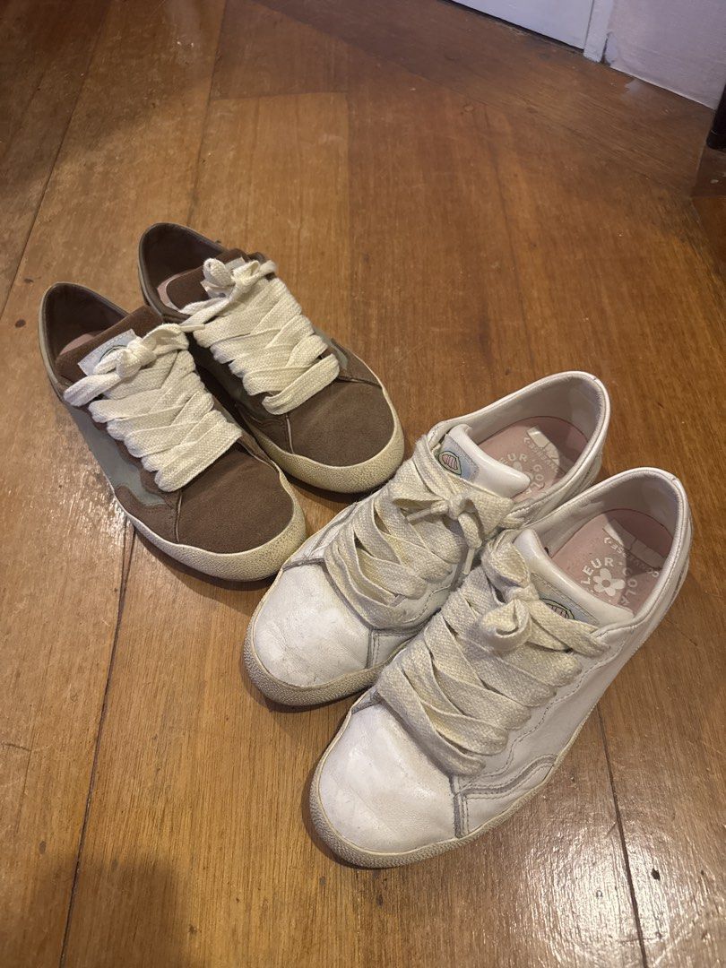 Converse x Golf le Fleur 2.0 Bundle (Category: Casual Shoes) located in Bacolod City. Submitted by childishnness (Listing ID 1469018347, Image 1). Description: Golf le Fleur 2.0 RFS: Decluttering! 4k for BOTH shoes! 3k for 1 Flexi - Brand: Converse x Golf le Fleur - Quantity: 2 pairs (Bundle deal) - Colorways: Brown Suede & Off-White Leather - Details: Thick cream-colored laces and floral branding on pink insoles - Condition: Great pickup to cop 