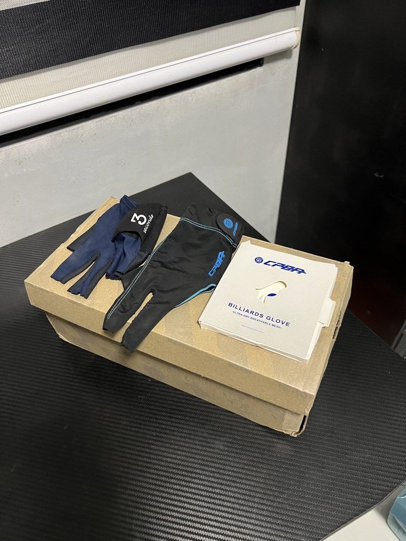 CPBA & 3Seconds Billiards Gloves authentic (Category: Racket and Ball Sports) located in Calasiao. Submitted by pb.supply_v2 (Listing ID 1469155271, Image 2). Description: 3seconds 5 finger gloves size medium fits large 8/10 CONDITION (SRP 1500) CPBA gloves with box fave ni AJ MANAS size L 8/10 CONDITION, MAY STITCHING LANG DAHIL MEDYO MALUWANG (SRP 800) RFS: QUIT BILYAR NA MGA BOSSING MURA NAYAN SAMAY ALAM LANG -1200 ASPACK ONLY .