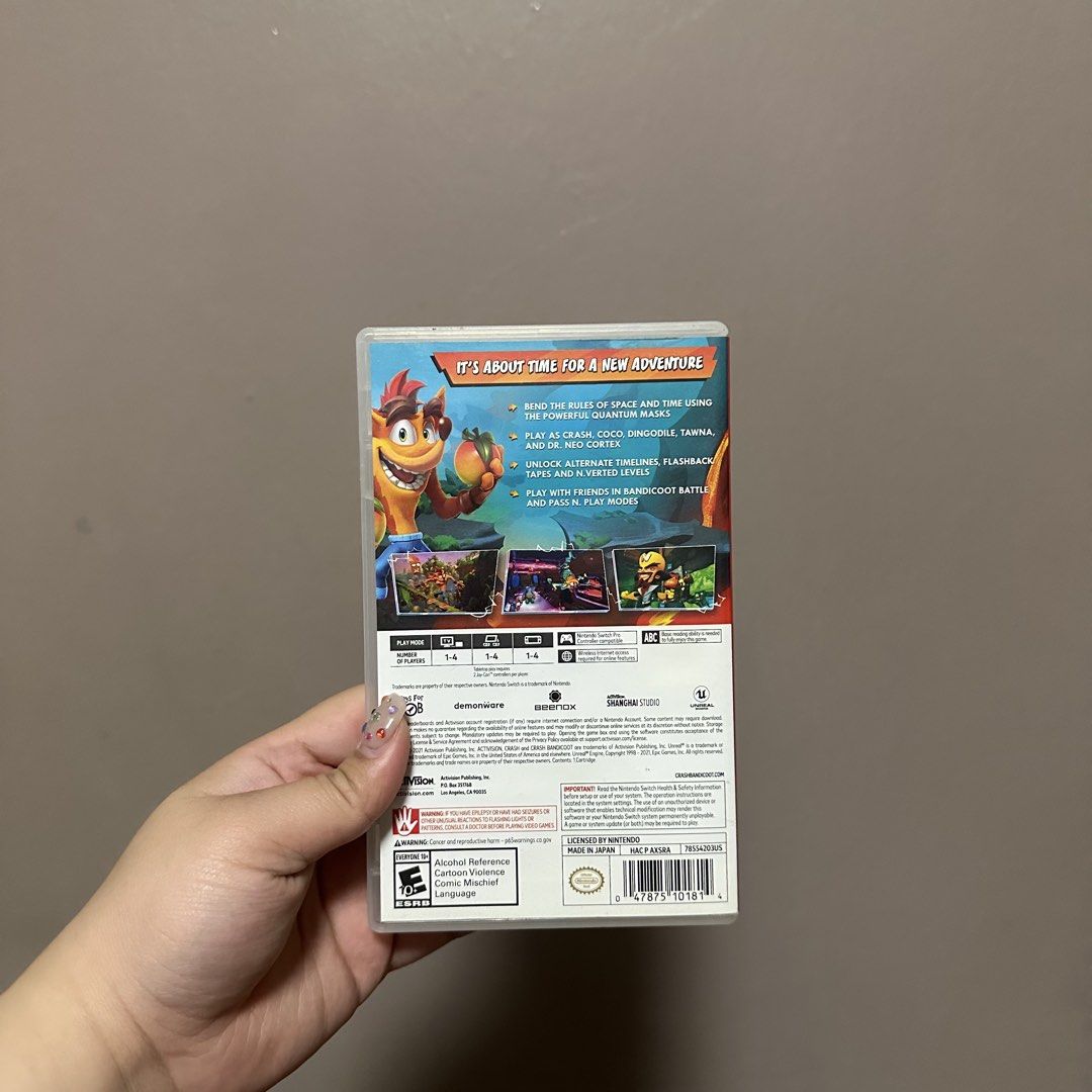 Crash Bandicoot 4 It's About Time Nintendo Switch Game (Category: Nintendo) located in Manila. Submitted by jlnclaire (Listing ID 1469156558, Image 3). Description: - Game: Crash Bandicoot 4 It's About Time - Platform: Nintendo Switch (Physical Standard Copy) - Condition: Tested and working perfectly - Inclusions: Original case and cartridge included - Wasn't able to play with this.