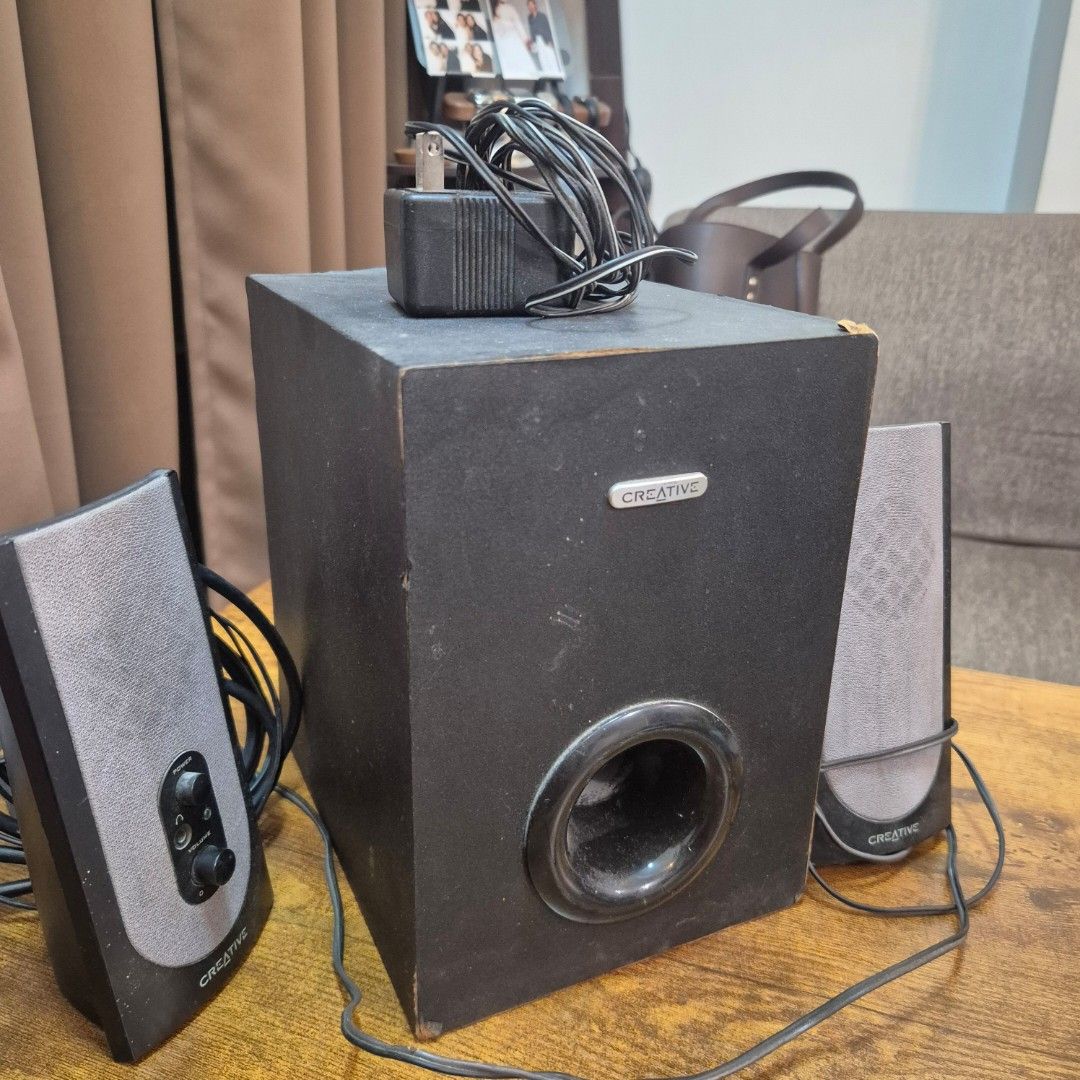 Creative SBS 380 2.1 Speaker System (Category: Soundbars, Speakers & Amplifiers) located in Manila. Submitted by _mlb94 (Listing ID 1469113819, Image 2). Description: - Creative SBS 380 2.1 speaker system (subwoofer + 2 satellites) - Comes with power adapter (220V input, 8VAC output) - Convenient wired remote pod for power and volume control - Standard 3.5mm audio jack for easy PC, phone, or laptop connection - Tested and 100% working fine - Mino