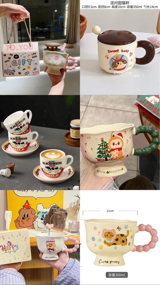 Cute Cartoon Ceramic Mug (Category: Coffee & Tea Tableware) located in Quezon City. Submitted by 000_111 (Listing ID 1469073179, Image 1). Description: - Capacity: Approx. 350ml - Material: Thick, high-quality ceramic with a comfortable grip handle - Designs: Multiple cute options available including Christmas tree, tulip, and sweet cat patterns - Perfect for: Morning coffee, tea, milk, or as a thoughtful gift for loved ones.