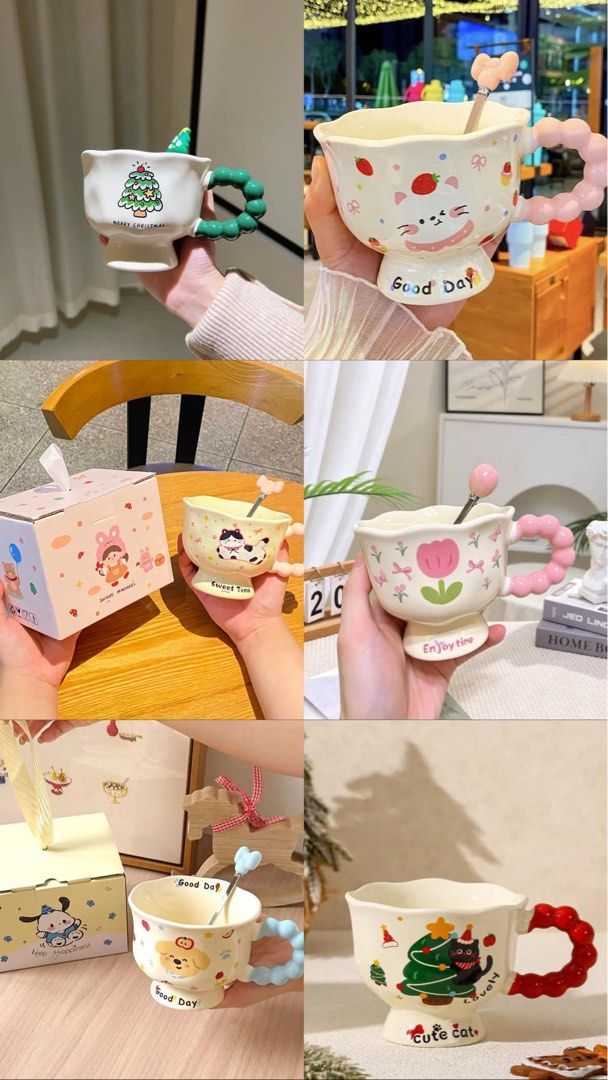 Cute Cartoon Ceramic Mug (Category: Coffee & Tea Tableware) located in Quezon City. Submitted by 000_111 (Listing ID 1469073179, Image 2). Description: - Capacity: Approx. 350ml - Material: Thick, high-quality ceramic with a comfortable grip handle - Designs: Multiple cute options available including Christmas tree, tulip, and sweet cat patterns - Perfect for: Morning coffee, tea, milk, or as a thoughtful gift for loved ones.