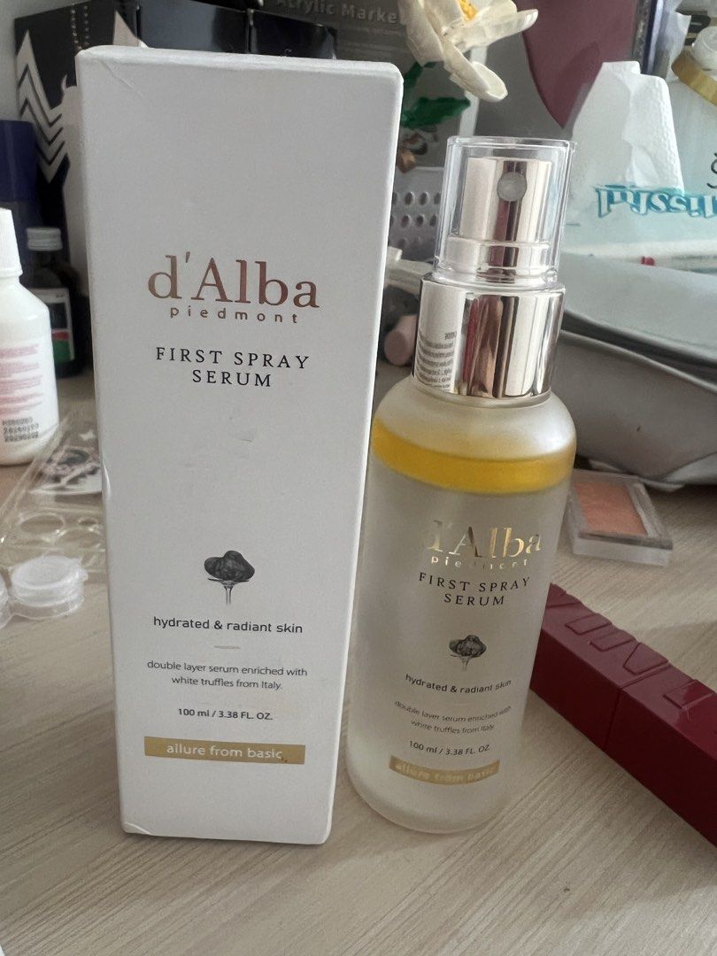 d'Alba Piedmont First Spray Serum 100ml (Category: Face Care) located in Pasig City. Submitted by boosdeclutter (Listing ID 1468974790, Image 1). Description: D'Alba Piedmont First Spray Serum, 100ml bottle with matching box. Double layer formula enriched with white truffles from Italy. Hydrated and radiant skin effect. Spray nozzle top. Full size product. Box included..