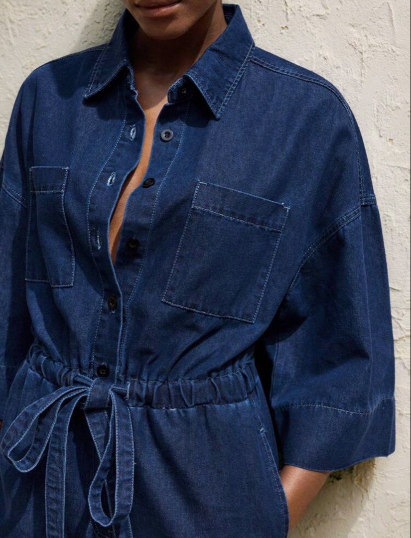 Shein denim jumpsuit with tie waist XL (Category: Jumpsuits) located in Pasig City. Submitted by calliemanila (Listing ID 1469042021, Image 3). Description: - Shein romper, bought for 1600 selling for only 600. Never used and no flaws! Good condition. - Dimensions stated on the last photo. Size XL. - Color is lighter than the one in photo (SHEIN website) .