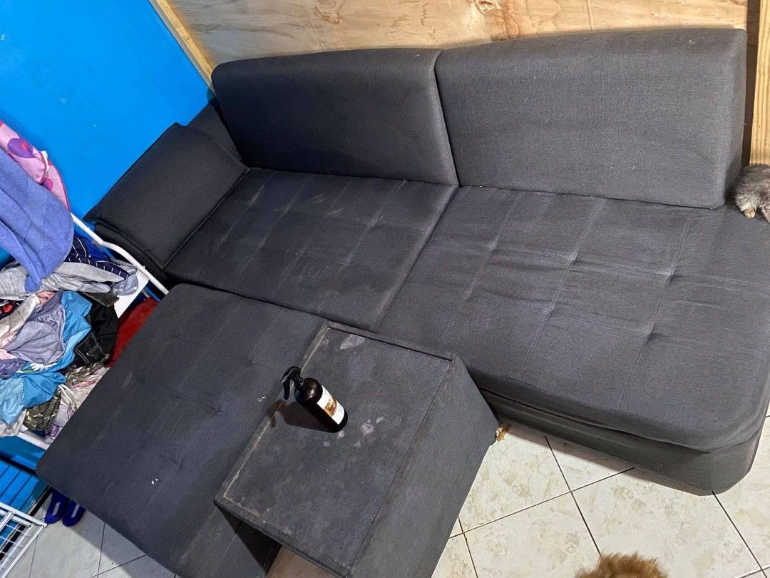 Dark grey sectional sofa with matching footstool (Category: Sofas) located in Cavite. Submitted by annas.gadget.corner (Listing ID 1468978461, Image 1). Description: URATEX SOFA SET FOR SALE NO ISSUE NAMAN MAY KONTING MANTSA LANG HALOS BAGO PA PO RUSH KO NA TO 5,500 FIX PO SALAWAG DASMA LOC. FOR PICK UP ONLY RFS MAGPAPALIT NG MAS MALIIT.