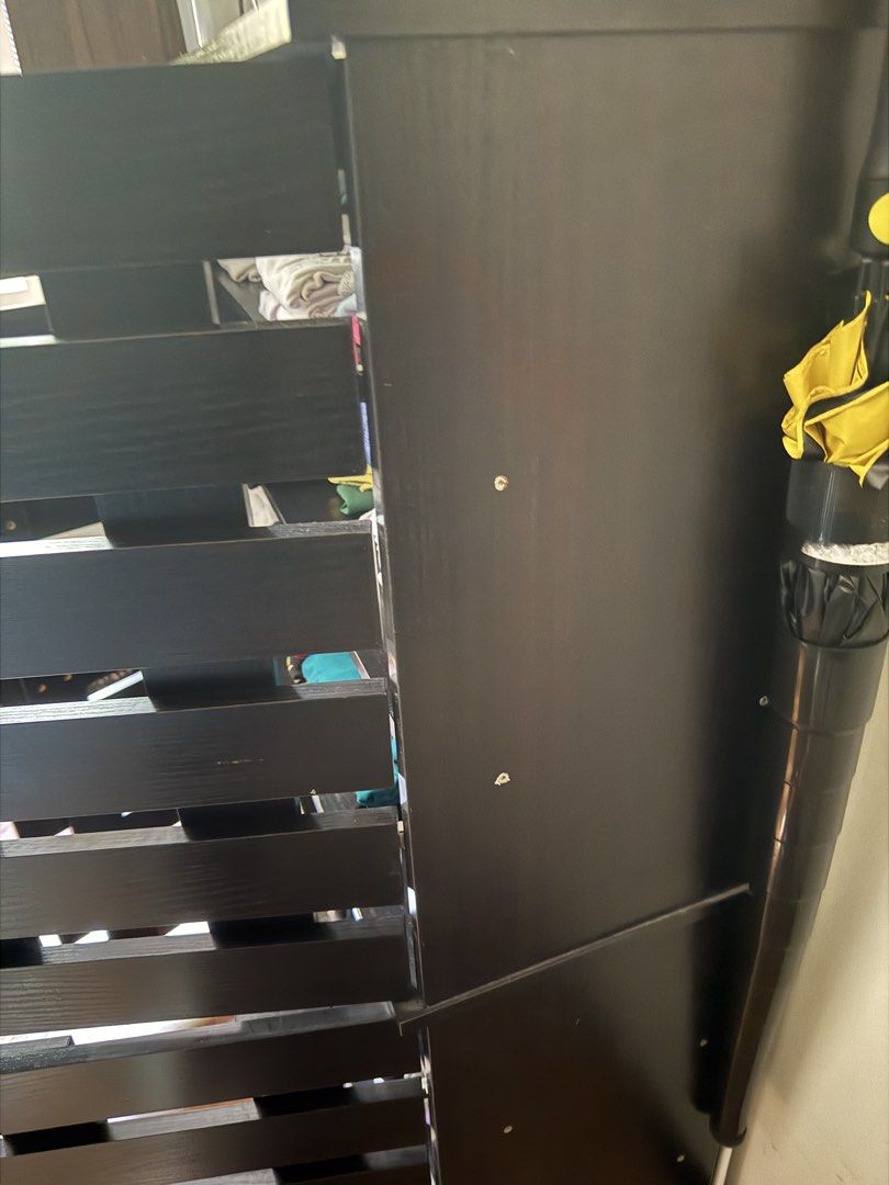 Dark Wood Storage Cabinet with Slatted Doors (Category: Shelves, Cabinets & Racks) located in Taguig. Submitted by tquila10 (Listing ID 1468941857, Image 3). Description: Selling my kids clothes cabinet Could be shoe cabinet Price is negotiable L- 30 inches W- 13 inches H - 50 inches RFS: Too small already for their clothes Very good condition Your own pickup - Color/Material: Dark brown solid wood - Design: Stylish front slatted doors with multi