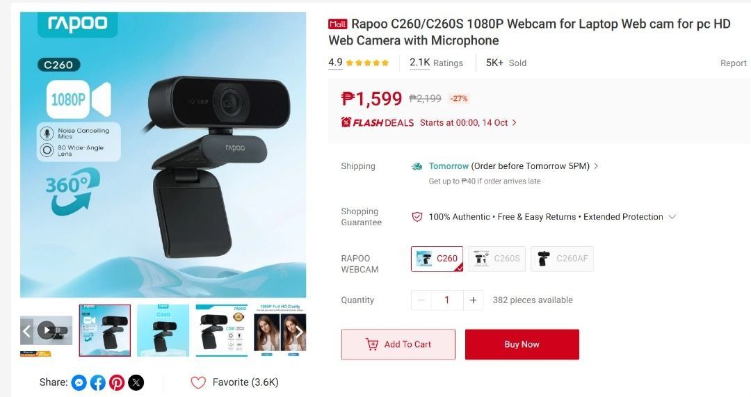 [DECLUTTER] WEBCAM Rapoo Camera with Mic C260 1080P (Category: Webcams) located in Quezon City. Submitted by debora.dora (Listing ID 1469098644, Image 3). Description: - HD 1080P resolution - Built-in microphone - clip on for monitor - plug and play - no box - minor dirt and scratches - RFS: need funds and decluttering.