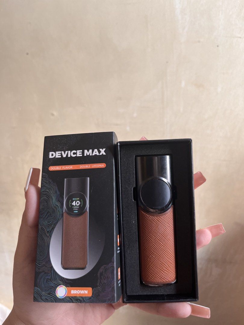 Device Max Double Flavor Vape Brown (Category: Everything Else Others) located in Marikina City. Submitted by mikaelabeltran (Listing ID 1468932238, Image 1). Description: - Device: Device Max in Brown (Clean unit, tested & working) - Features: Double flavor & double lifespan - Display: Screen lights up with cute graphics when powered on - Design: Textured body grip with a sleek top finish - Inclusion: Original box included.