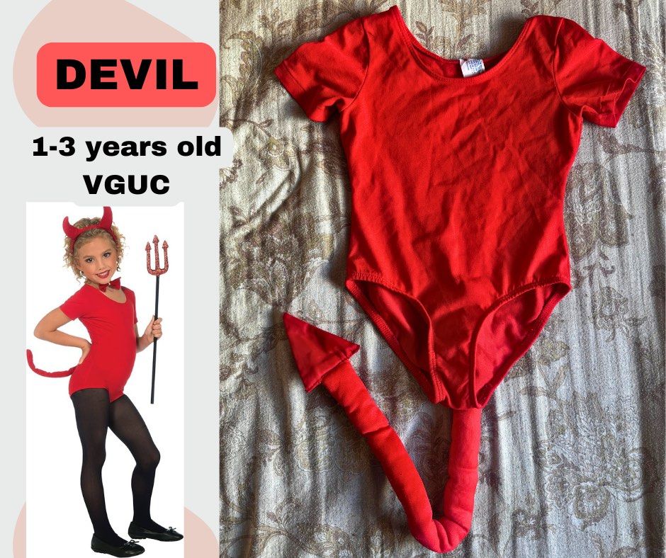 Devil Costume for 1-3 years old (Category: Babies & Kids Fashion) located in Lapu Lapu. Submitted by rjcasug (Listing ID 1468948261, Image 1). Description: - Size: Toddlers 1 to 3 years old - Includes: Red short-sleeve leotard, plush red tail - Condition: Worn once for photos - Perfect for: Halloween, costume parties, or fun dress-up play - Shipping: Ships fast from the Philippines With headpiece and trident.