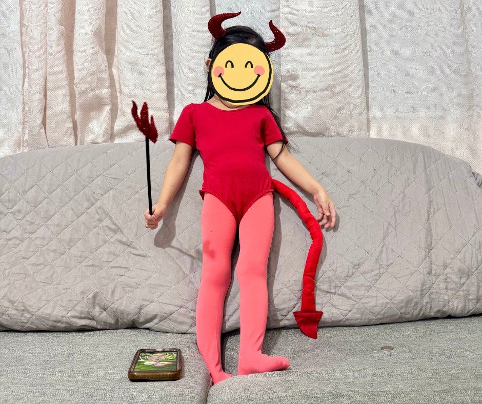 Devil Costume for 1-3 years old (Category: Babies & Kids Fashion) located in Lapu Lapu. Submitted by rjcasug (Listing ID 1468948261, Image 2). Description: - Size: Toddlers 1 to 3 years old - Includes: Red short-sleeve leotard, plush red tail - Condition: Worn once for photos - Perfect for: Halloween, costume parties, or fun dress-up play - Shipping: Ships fast from the Philippines With headpiece and trident.