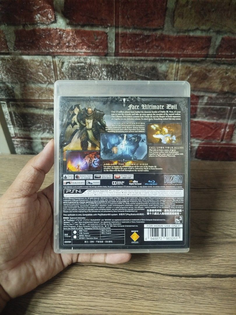 Diablo III Ultimate Evil Edition PS3 Game (Category: PlayStation) located in Binan City. Submitted by pumpkiiin02 (Listing ID 1468985466, Image 2). Description: - Title: Diablo III Ultimate Evil Edition for PlayStation 3 - Includes: Original game + Reaper of Souls expansion pack - Contents: Case, manual, and Disc 1 - Gameplay: Play solo or up to 4-player co-op - Region: Region-free English version.