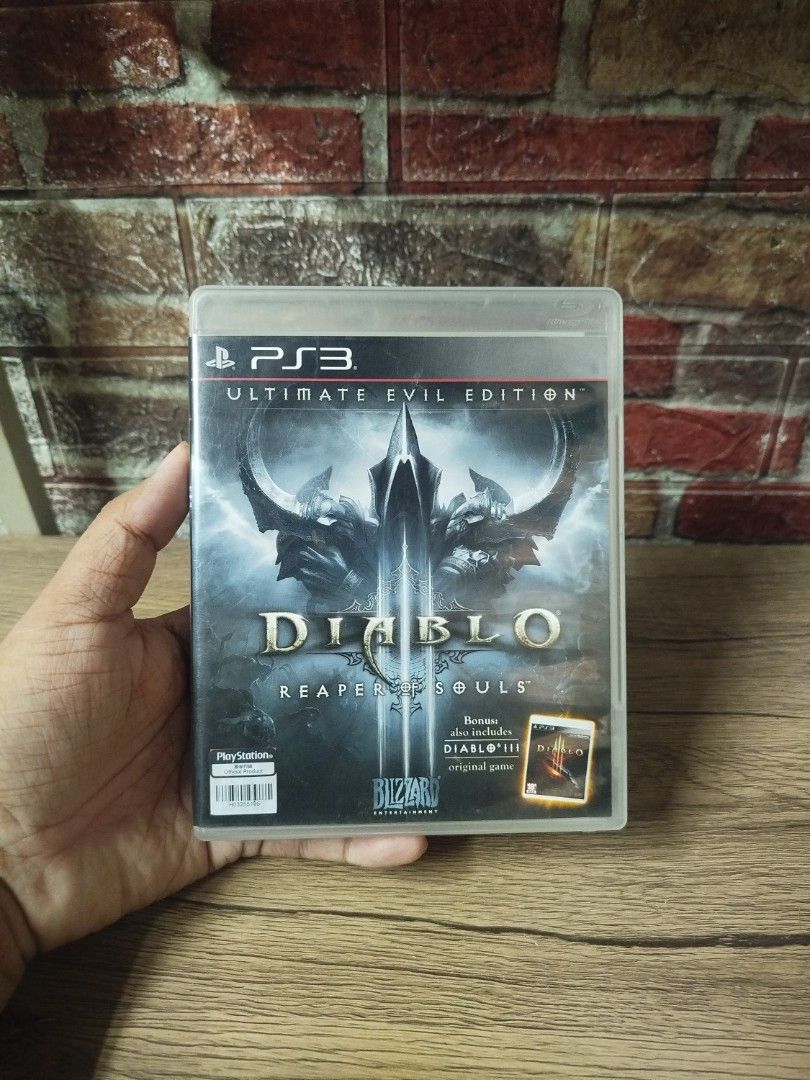 Diablo III Ultimate Evil Edition PS3 Game (Category: PlayStation) located in Binan City. Submitted by pumpkiiin02 (Listing ID 1468985466, Image 1). Description: - Title: Diablo III Ultimate Evil Edition for PlayStation 3 - Includes: Original game + Reaper of Souls expansion pack - Contents: Case, manual, and Disc 1 - Gameplay: Play solo or up to 4-player co-op - Region: Region-free English version.