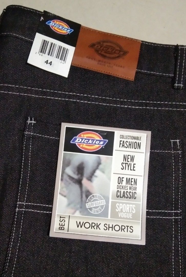 Dickies Men Denim Work Shorts Size 44 (Category: Shorts) located in Quezon City. Submitted by aljonbermu25659 (Listing ID 1469098358, Image 2). Description: - Brand: Dickies - Item: Denim work shorts / Carpenter shorts - Color: Black denim with contrast white stitching - Size: Tagged Size 44 - Features: Utility pockets, hammer loop, branded hardware, leather waist patch - Condition: Brand new with original store tags attached.