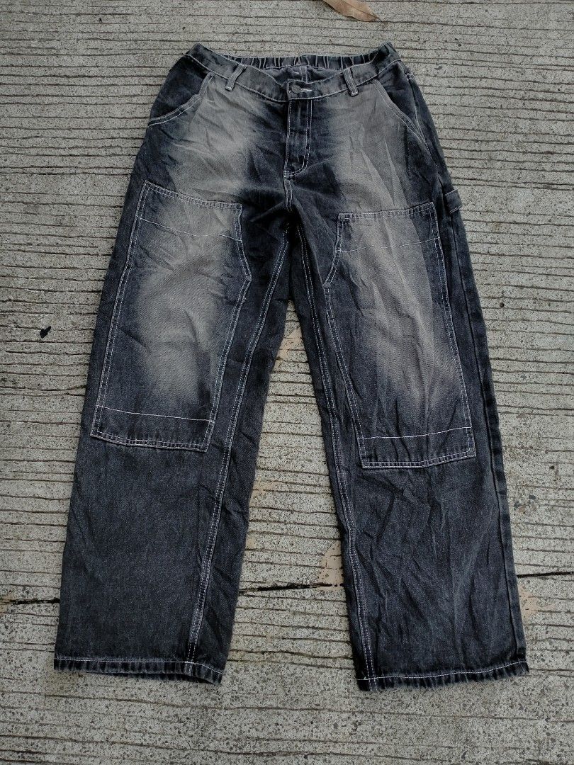 Dimitri Black Acid Wash Carpenter Jeans (Category: Jeans) located in Davao. Submitted by ervinpolino09 (Listing ID 1469008070, Image 1). Description: - Brand/Style: Dimitri Black carpenter jeans Size 30-34 Length 41 Stretchable - Fit: Relaxed, wide-leg fit with elastic back waistband - Details: Double knee panels, contrast stitching, and acid wash finish - Features: Button closure with branded hardware, utility hammer loop, and back pockets - Con