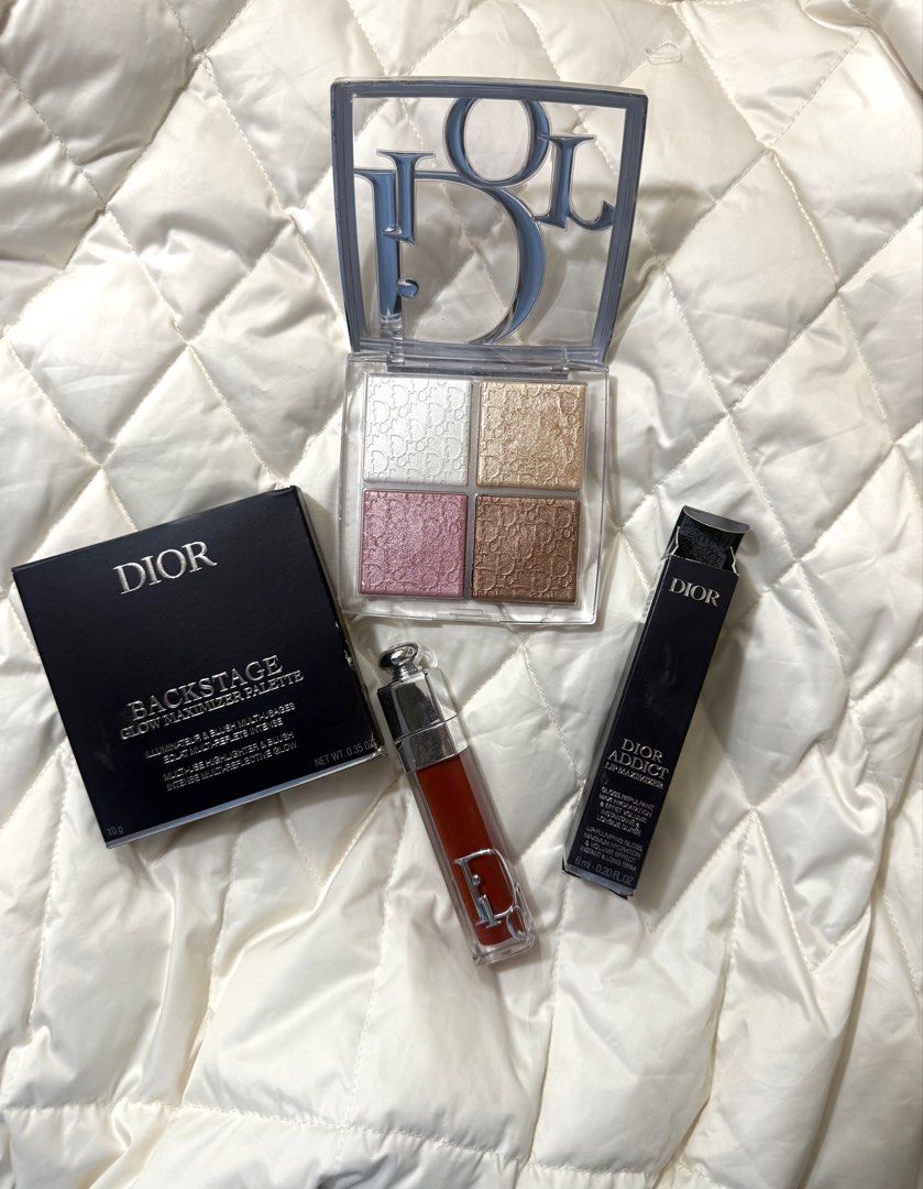 Dior Backstage Glow Maximizer Palette (Category: Makeup) located in Baguio. Submitted by kimkim2424 (Listing ID 1469091477, Image 1). Description: - Authentic Dior makeup bundle - Dior Backstage Glow Maximizer Palette (Shade: 001 Universal Glow) - Features 4 stunning shades with iconic embossed monogram design - Dior Addict Lip Maximizer gloss in a rich, flattering shade - Both items come complete with their original outer boxes -Bought in Japan 