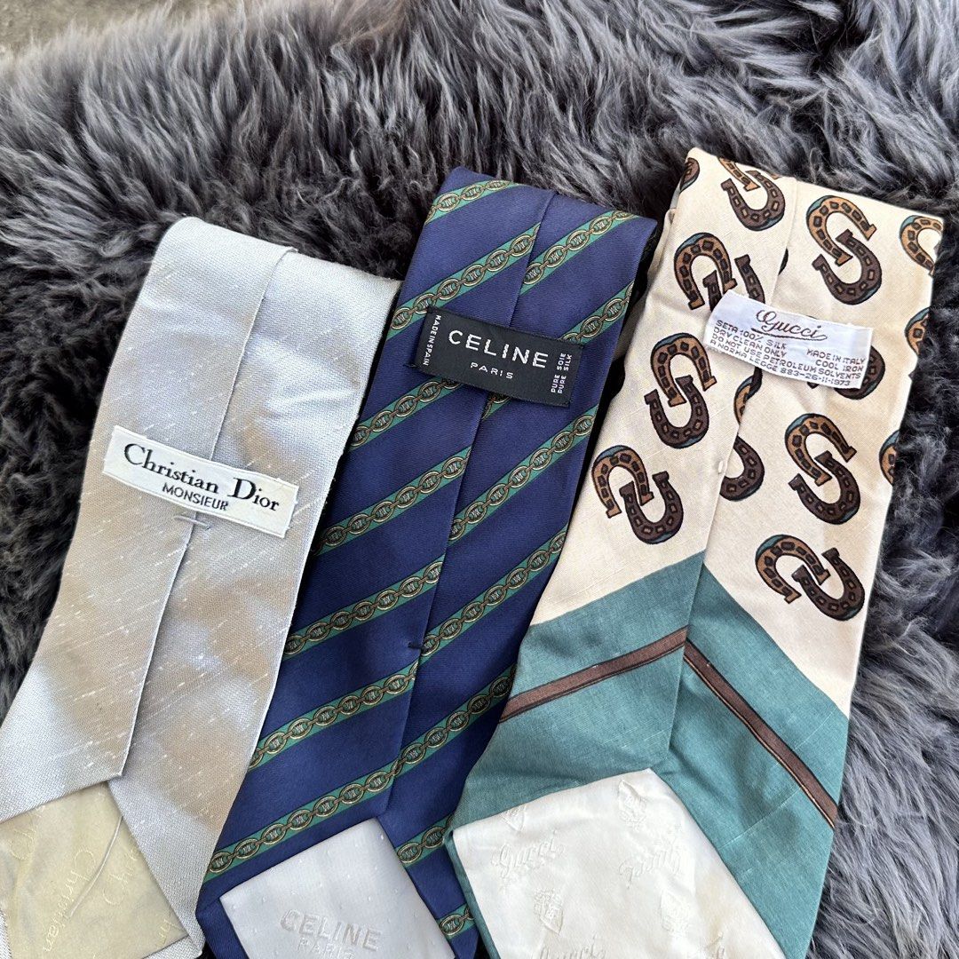 DIOR X CELINE X GUCCI Authentic TIES (Category: Ties) located in Cagayan de Oro. Submitted by kjcartier26 (Listing ID 1469016124, Image 2). Description: 📍GUCCI Vintage Horseshoe 80’s design 📍DIOR silk necktie architecture design 📍CELINE Silk Triumph Logo design.
