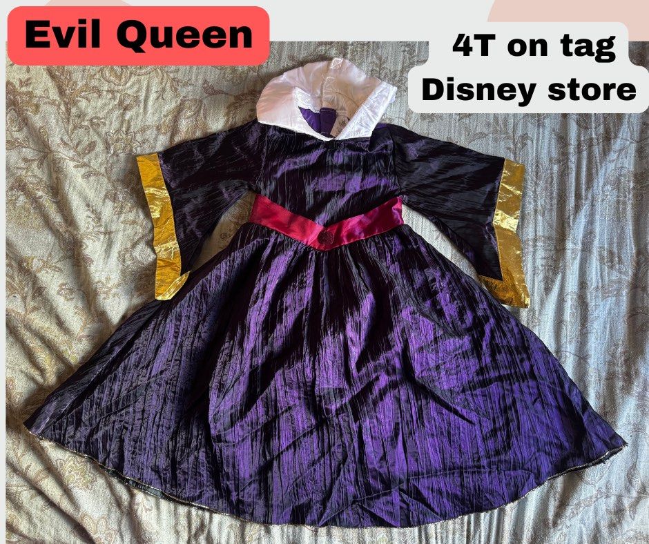 Disney Store Evil Queen Costume Size 4T (Category: Babies & Kids Fashion) located in Lapu Lapu. Submitted by rjcasug (Listing ID 1468948568, Image 1). Description: - Authentic Disney Store Evil Queen costume - Size: 4 (fits up to 104cm) - Design: Dark purple crinkle fabric with gold cuffs and striking white standing collar - Includes: Matching red sash belt - Perfect for: Halloween, dress-up, and themed parties Selling low Missing brooch and belt