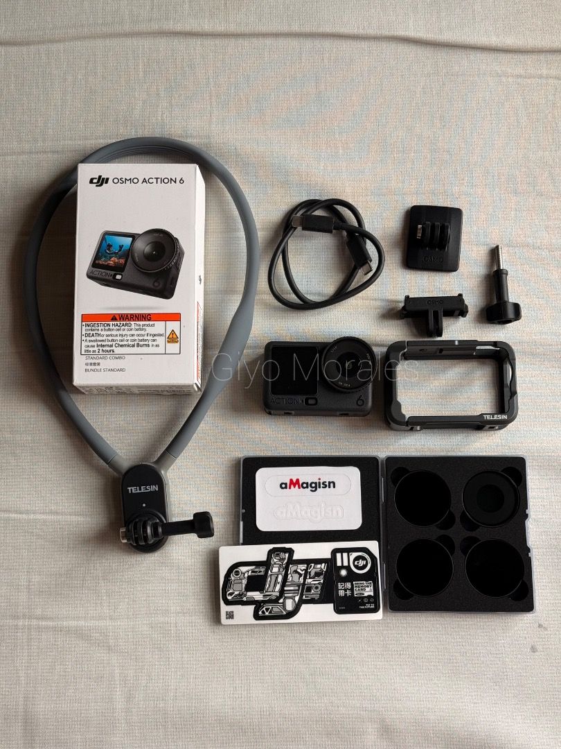 DJI Osmo Action 6 (Category: Cameras) located in Las Pinas. Submitted by giyomorales9588 (Listing ID 1468983213, Image 1). Description: - DJI Osmo Action 6 camera with original box - 2 Years DJI Care refresh insurance - Telesin grey neck mount for POV shots - aMagisn 4-piece ND filter set with protective case (CPL, 8, 16, 32) - Telesin Aluminum protective frame - DJI quick-release mount and thumbscrew - USB-C charging cable included Total worth o