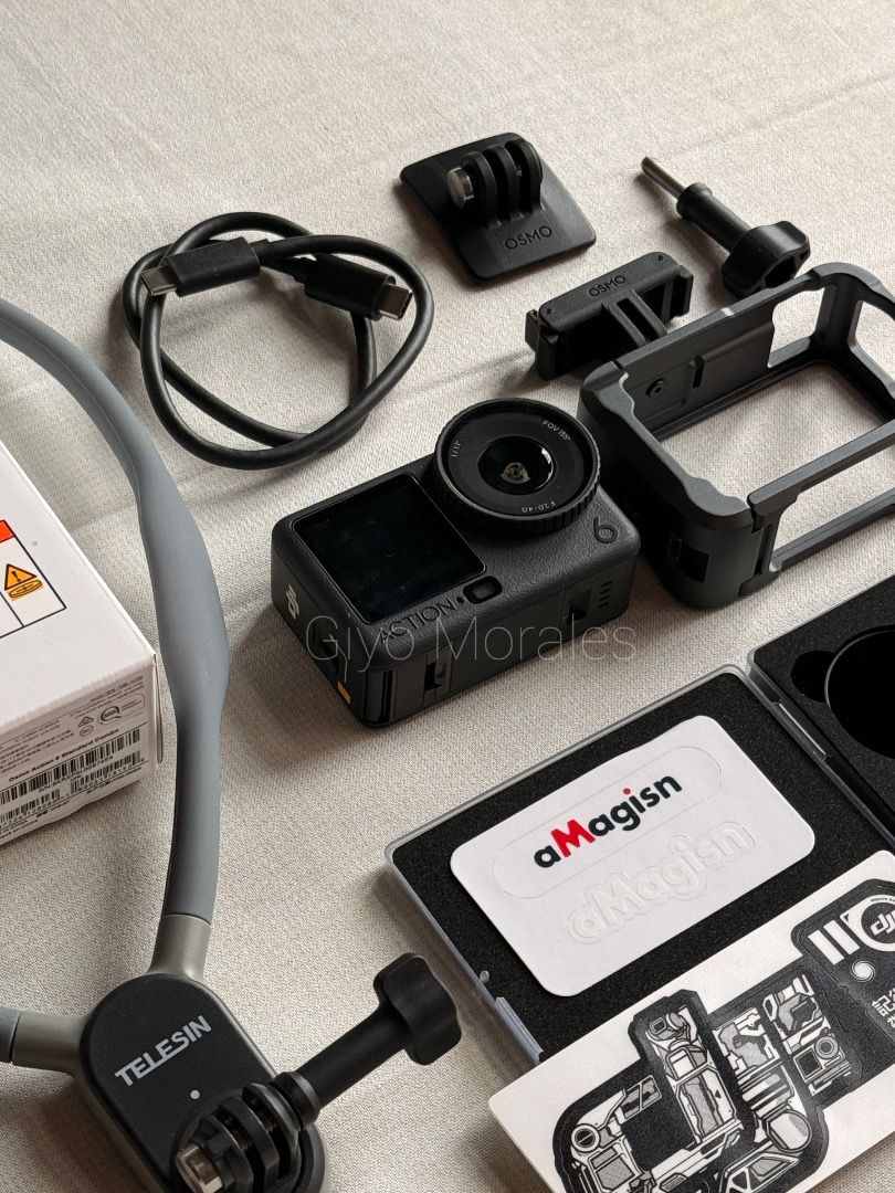 DJI Osmo Action 6 (Category: Cameras) located in Las Pinas. Submitted by giyomorales9588 (Listing ID 1468983213, Image 2). Description: - DJI Osmo Action 6 camera with original box - 2 Years DJI Care refresh insurance - Telesin grey neck mount for POV shots - aMagisn 4-piece ND filter set with protective case (CPL, 8, 16, 32) - Telesin Aluminum protective frame - DJI quick-release mount and thumbscrew - USB-C charging cable included Total worth o