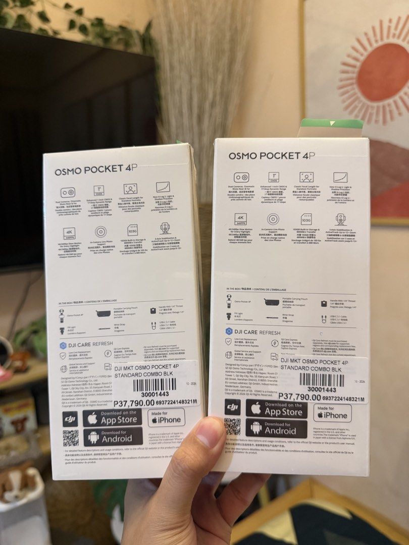 DJI Osmo Pocket 4P Standard Combo (Category: Cameras) located in Quezon City. Submitted by law.1789 (Listing ID 1469119225, Image 2). Description: SRP - 37990 Sale Price - 32990 - Brand new & unopened DJI Osmo Pocket 4P Standard Combo (Black) - Dual camera system with professional cinematic shots - Stunning 4K video at 240fps slow motion - Large 1-inch CMOS sensor for incredible image quality - 103GB built-in storage ready for your adventures - S