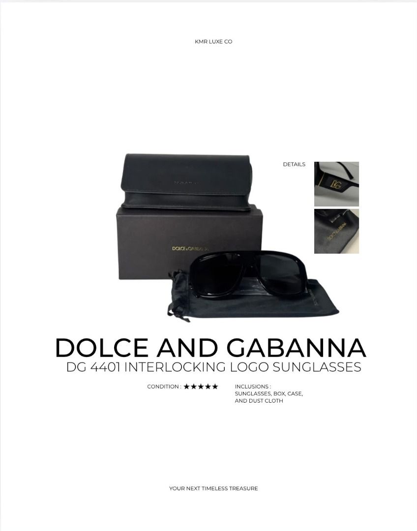 Dolce and Gabbana DG 4401 Interlocking Logo Sunglasses (Category: Sunglasses & Eyewear) located in Caloocan City. Submitted by jnlchvz0612 (Listing ID 1468994987, Image 1). Description: - Authentic Dolce & Gabbana DG 4401 sunglasses - Classic black frames featuring the iconic interlocking logo detail - Excellent, well-maintained condition with clean, scratch-free lenses - Complete full set: includes original box, premium leather case, and dust cl