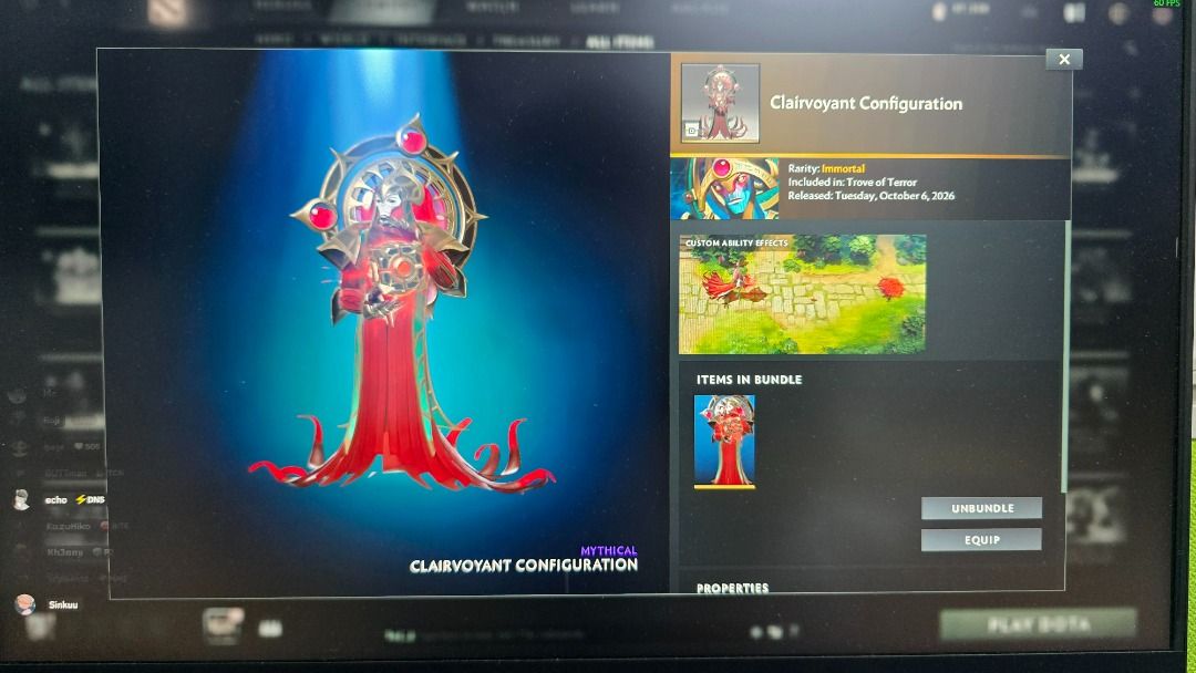 Dota 2 Clairvoyant Configuration Bundle (Category: In-Game Products) located in Binan City. Submitted by Roj_Vizcarra07 (Listing ID 1469114338, Image 1). Description: - Item: Clairvoyant Configuration bundle (Dota 2) - Special Feature: Custom tunnel effect - Delivery Method: In-game gift (send profile link after purchase) - Drop a message if interested!.