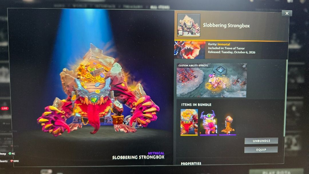 Dota 2 Slobbering Strangbox Immortal Bundle (Category: In-Game Products) located in Binan City. Submitted by Roj_Vizcarra07 (Listing ID 1469113543, Image 1). Description: - Item: Immortal Dota 2 Bundle - Type: (Tradeable/Giftable per Steam rules) - Inclusions: Main courier model, custom effects, and custom icons, custom ward - Support: Guidance provided for the gifting process if needed - Guarantee: Fast and smooth transaction.