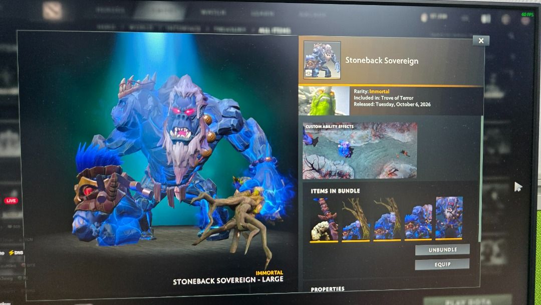 Dota 2 Stoneback Sovereign Immortal Bundle (Category: In-Game Products) located in Binan City. Submitted by Roj_Vizcarra07 (Listing ID 1469113351, Image 1). Description: - Item: Stoneback Sovereign Bundle (Tiny) - Rarity: Immortal - Perks: Unlocks custom in-game animations and effects - Delivery: Via Steam friends list (gifting) - Note: Please message me first before checkout to arrange the transfer.
