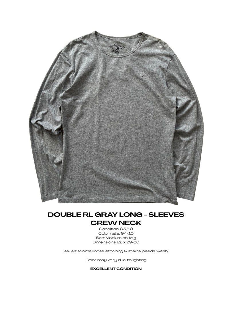 DOUBLE RL GRAY LONG - SLEEVES CREW NECK (Category: Coats, Jackets and Outerwear) located in Magarao. Submitted by chalkzone20 (Listing ID 1468934631, Image 1). Description: DOUBLE RL GRAY LONG - SLEEVES CREW NECK Size: Large on tag Condition: 9.5/10 Color rate: 9.5/10 Issue: Minimal loose stitching and minimal stains (needs wash) Excellent condition Dimensions: 19 x 26 2,000+sf or best offer *see issue on ta last 2 pics DISCLAIMER: We are not aff