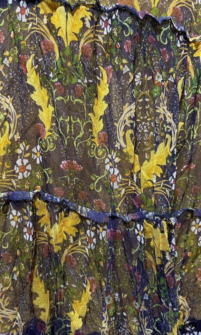 Dress2 (Category: Dresses) located in Manila. Submitted by wheneity67thifted (Listing ID 1468985563, Image 3). Description: The selected region shows a vintage-style short-sleeve midi dress featuring a dark-toned botanical, floral, and damask-inspired pattern with mustard-yellow and purple accents, a defined waist seam, and a tiered skirt..
