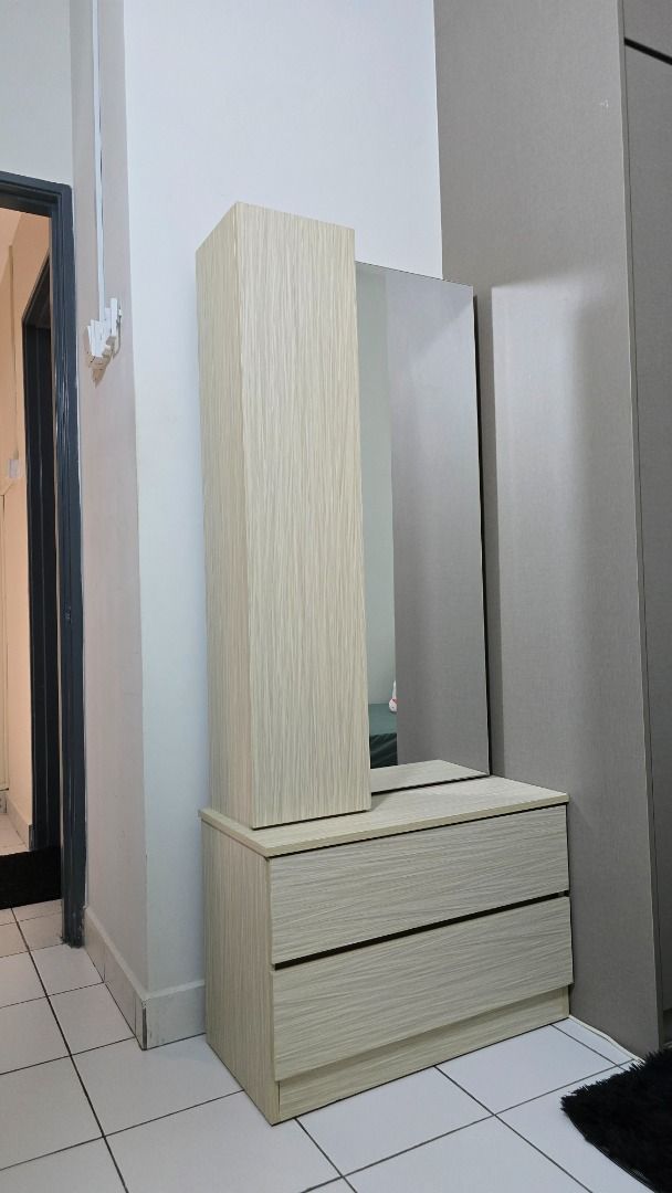 Dressing table (Category: Shelves, Cabinets & Racks) located in Kuala Lumpur. Submitted by saadzx (Listing ID 1469133436, Image 3). Description: Dressing Table With Mirror + Multi Storage + Stool. Dressing Table Dimension: Height 167 x Width 35.7 x Length 71 cm Material: solid particle board Dm for details.