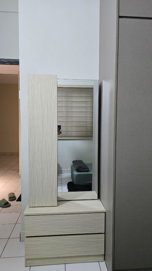 Dressing table (Category: Shelves, Cabinets & Racks) located in Kuala Lumpur. Submitted by saadzx (Listing ID 1469133436, Image 2). Description: Dressing Table With Mirror + Multi Storage + Stool. Dressing Table Dimension: Height 167 x Width 35.7 x Length 71 cm Material: solid particle board Dm for details.
