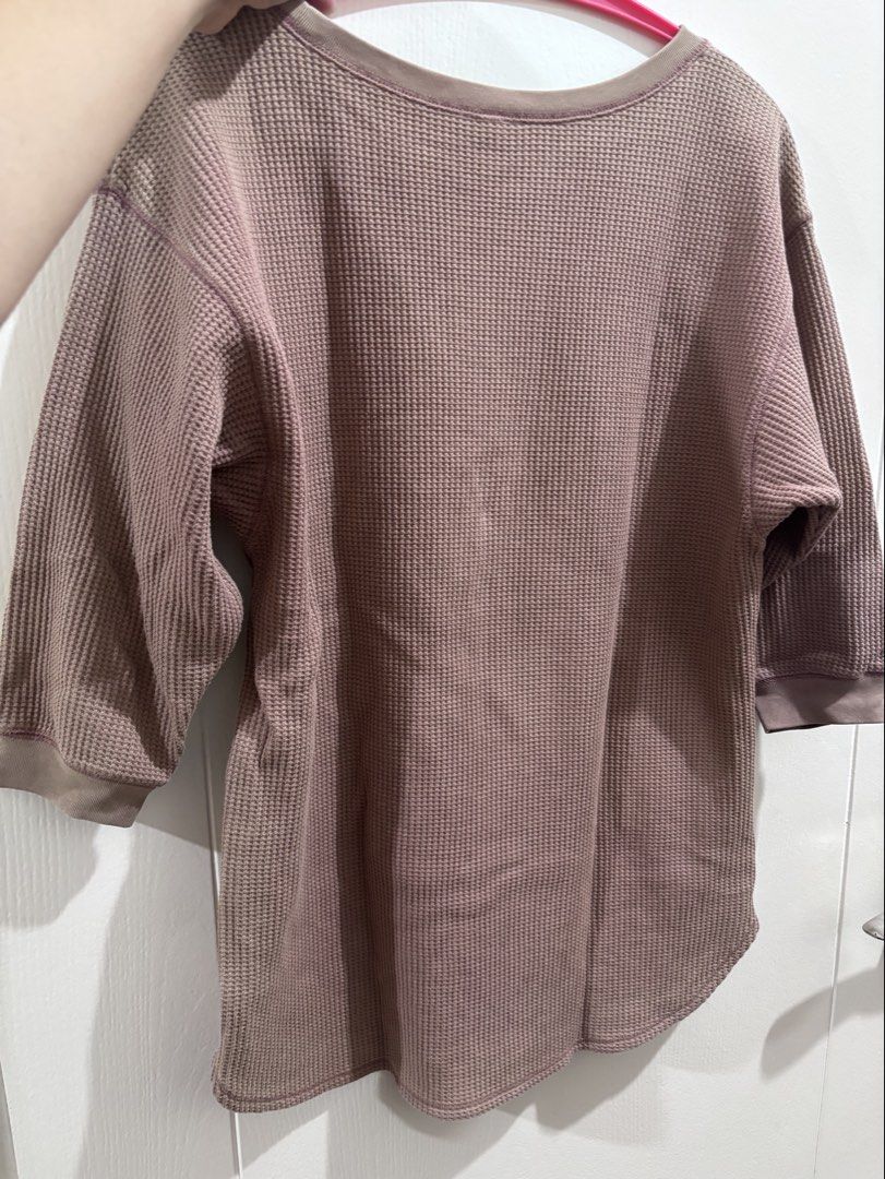 Dusty Pink Waffle Knit Sweater Top (Category: Shirts) located in Caloocan City. Submitted by stuff_shop (Listing ID 1469091317, Image 2). Description: - Color: Dusty pink - Material: Super soft thermal waffle knit - Fit: Relaxed, dropped shoulders, hits below the hips - Details: Crew neckline with ribbed collar and cuffs, curved hemline, 3/4 length sleeves - Style: Versatile basic piece, great for cooler weather or layering with jeans and legging