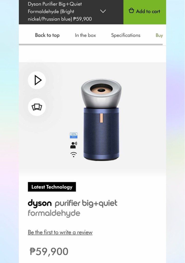 Dyson Purifier Big+Quiet Formaldehyde BP03 (Category: Air Purifiers & Dehumidifiers) located in Manila. Submitted by deguzmanal46071 (Listing ID 1468966244, Image 3). Description: FOR SALE: Dyson Purifier Big+Quiet Formaldehyde BP03 Original Price: ₱59,900 Purchased: October 25, 2023 Color: Bright Nickel / Prussian Blue Rarely used Dyson air purifier, previously kept at our family rest house in Batangas. Only used occasionally whenever we visited