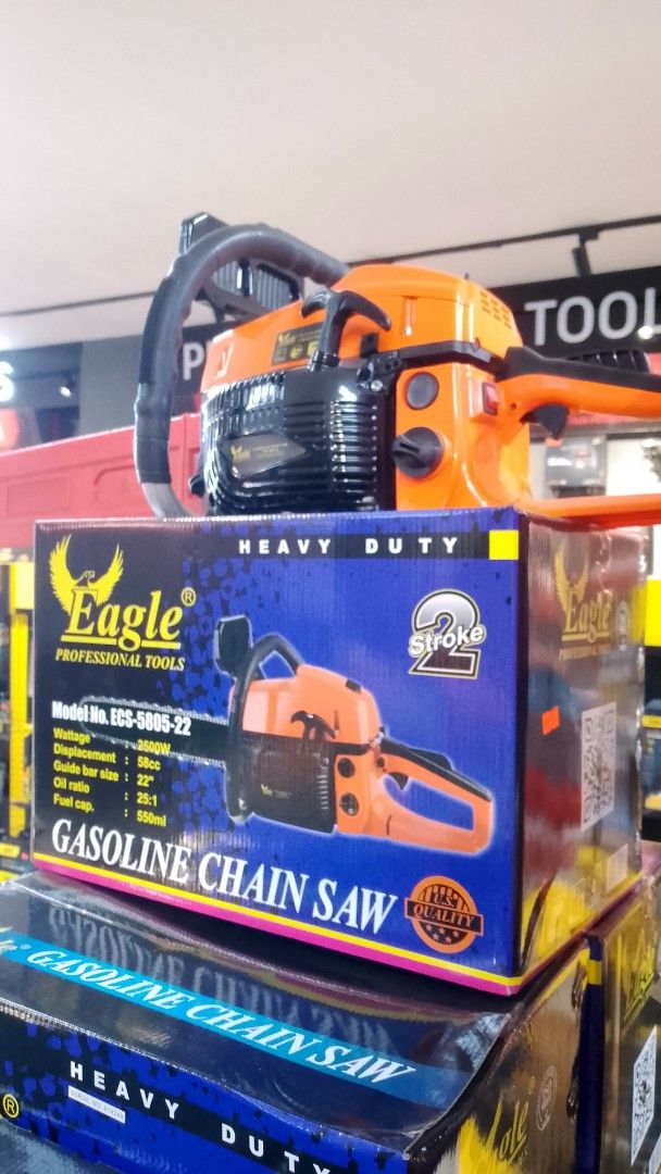 EAGLE PROFESSIONAL TOOLS GASOLINE CHAINSAW (Category: Announcements) located in Manila. Submitted by ivan2.0 (Listing ID 1468946235, Image 1). Description: Restock‼️ Restock‼️ Restock‼️ Eagle Professional Tools Gasoline Chainsaw: Model: ES-5805-22 Specifications: * ⚙️ Power: 2500W * 🛠️ Engine Displacement: 58cc * 🌲 Guide Bar Size: 22 inches * 🛢️ Fuel & Oil Mixing Ratio: 25:1 * ⛽ Fuel Tank Capacity: 550 mL * ✅ Heavy-duty gasoline chainsaw * 🇺�