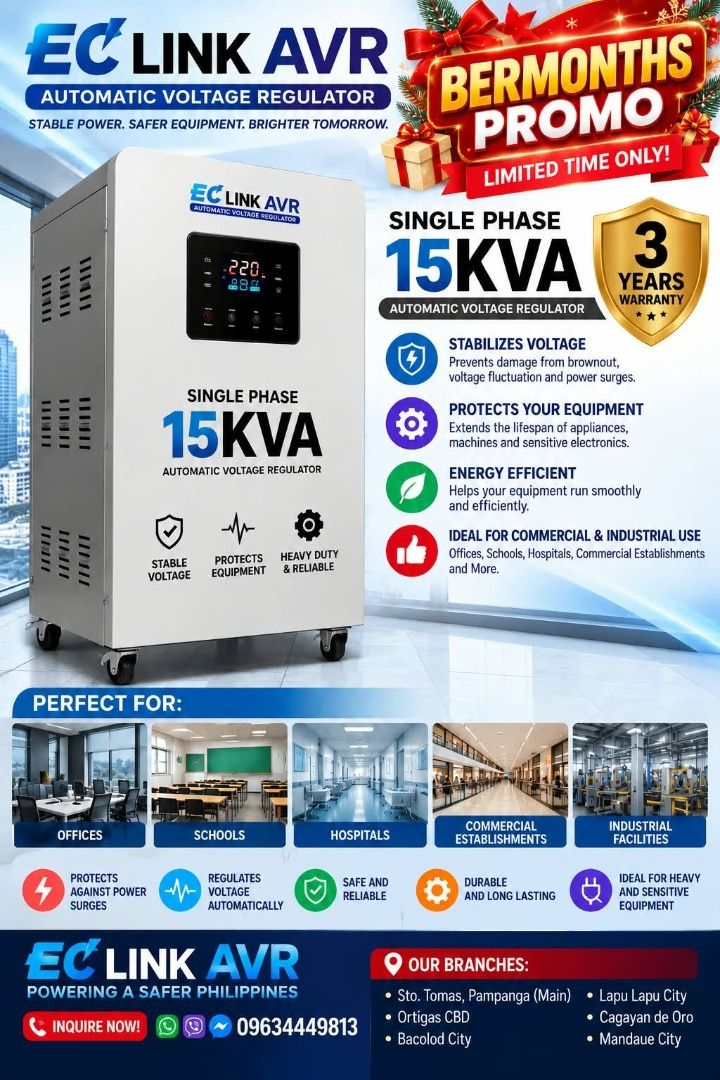 EC LINK AUTOMATIC VOLTAGE REGULATOR (Category: Office & Business Technology) located in San Fernando. Submitted by kate_blessed888 (Listing ID 1468961082, Image 1). Description: 🔌 STABLE POWER. SAFER EQUIPMENT. BRIGHTER TOMORROW! Protect your valuable equipment with EC LINK AVR 15KVA Single Phase Automatic Voltage Regulator, designed to help maintain stable voltage and provide reliable power protection for your business. ✅ 3 YEARS WARRANTY ✅ Hel