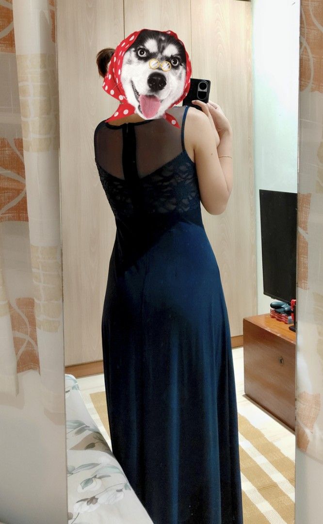 Elegant Deep Navy Blue Lace Evening Gown (Category: Evening dresses & gowns) located in Pasig City. Submitted by iammkds (Listing ID 1469158921, Image 3). Description: Size: Fits Small (S) ***For reference: I am 5'3" tall and weigh 50 kg. Condition: Good as new (Worn once only, no flaws) Style: Sleeveless lace bodice gown with sheer mesh neck & back detail MOP: GCash / Bank Transfer (BPI) MOD: J&T / Lalamove / Grab.