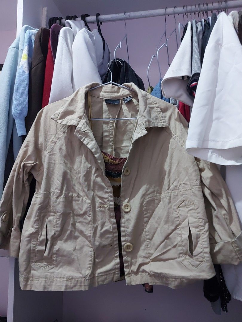 Erika Petite Beige Button-Front Jacket (Category: Coats, Jackets and Outerwear) located in Quezon City. Submitted by declutteringnook (Listing ID 1469134160, Image 1). Description: - can fit xs-medium - color: beige/khaki - deep angled pockets - excellent condition (will iron before delivery ^^) - stylish whether open or buttoned up - would match clean girl aesthetic.