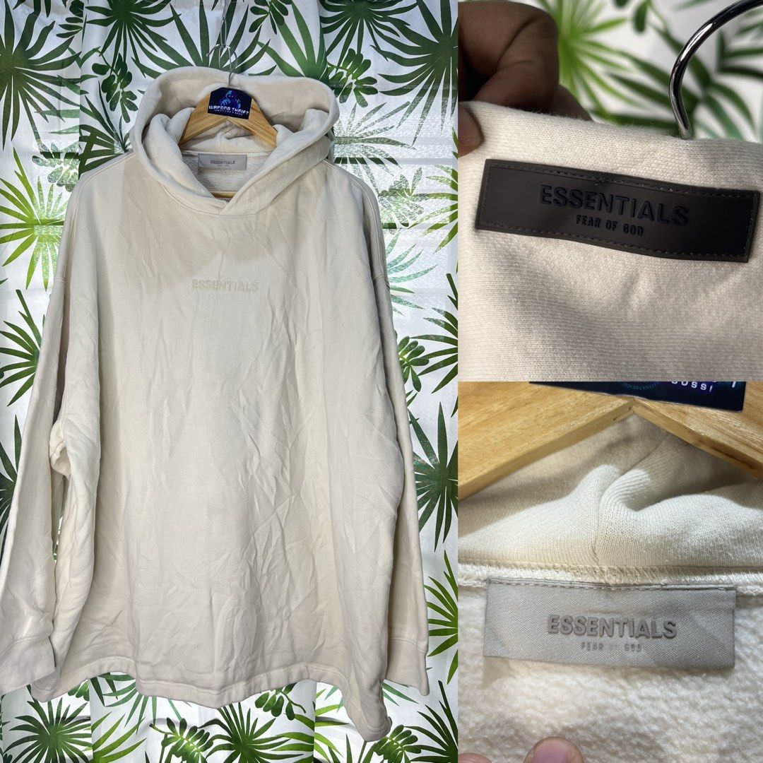 Essentials Fear of God (Category: Hoodies) located in Caloocan City. Submitted by thriftywaps (Listing ID 1468937682, Image 1). Description: - Brand: Essentials Fear of God - Color: Off-white / Cream - Fit: Classic oversized streetwear fit - Interior: Ultra-soft fleece for maximum comfort - Details: Rubberized label on hood & tonal embroidered chest branding - Condition: Brand new with woven neck tag attached - Mode of Payment & Shipping: GCash/M