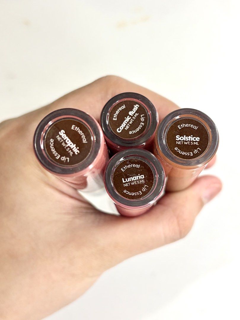 Ethereal Lip Essence Set - 4 Shades (Category: Makeup) located in Abucay. Submitted by declutterwyana (Listing ID 1469151115, Image 2). Description: - Complete set of 4 shades: Solstice, Cosmic Flush, Lunaria, and Seraphic - Volume: 5 ml per tube - Includes original boxes - Shades include a great variety of everyday pinks and browns - Selling as a complete set only.