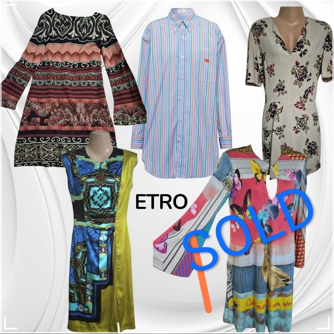ETRO Assorted Dresses ON SALE (Category: Longsleeves) located in Paranaque City. Submitted by calm_youngstore7 (Listing ID 1468991807, Image 1). Description: - Brand: Etro - Design: Assorted *Multi-colored vertical stripes (light blue base with pink, green, and orange) * silk sleeveless v neck * silk short sleeve mini dress * silk bell sleeves * jersey dress with boat neckline and semi bell sleeves - Details: Classic collar, front button closure,