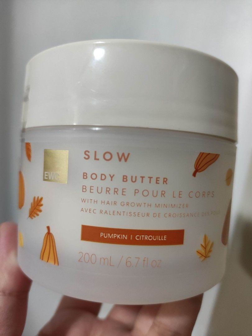 EWC Slow Body Butter Pumpkin 200mL (Category: Body Care) located in Quezon City. Submitted by pprzi_89 (Listing ID 1469135424, Image 1). Description: - Authentic European Wax Center Slow Body Butter - Scent: Seasonal Pumpkin with a festive fall leaves design - Size: Large 200 mL / 6.7 fl oz jar - Condition: 100% brand new, unopened - Benefit: Deeply moisturizes skin while helping reduce hair growth between wax appointments.